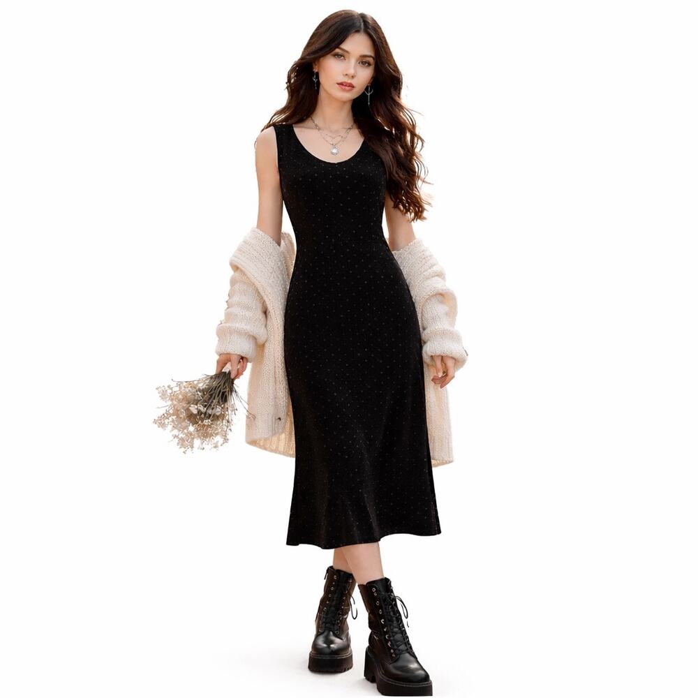 Sleeveless Midi Dress Velveteen Med Black Chevron Dot Fall Layering Whimsigoth